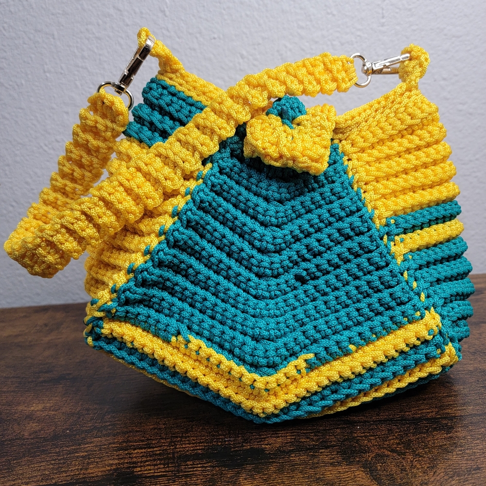 Handmade Vibrant Yellow and Teal Crochet Shoulder Bag
